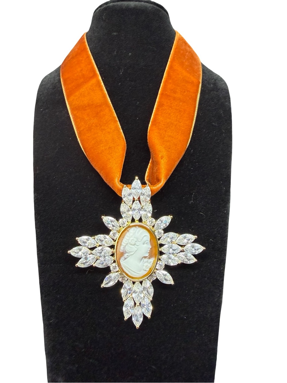 Vintage-Inspired Orange Velvet Ribbon Cameo Pendant Necklace